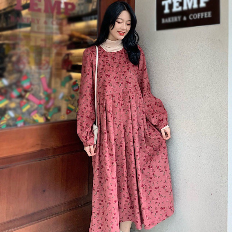 Đầm Tay Dài Hoạ Tiết Hoa Thời Trang Thu Đông Cho Phái Nữ