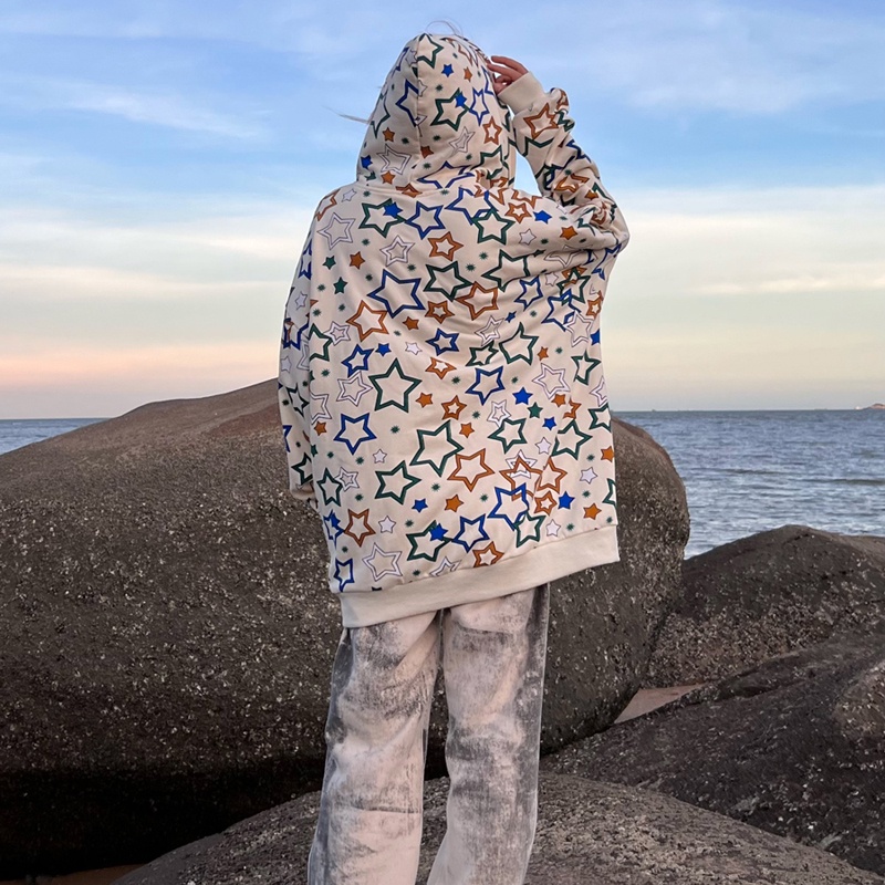 IELGYÁo Khoác Hoodie Dáng Rộng Có Khóa Kéo In Hình Ngôi Sao Thời Trang Cho Cặp Đôi