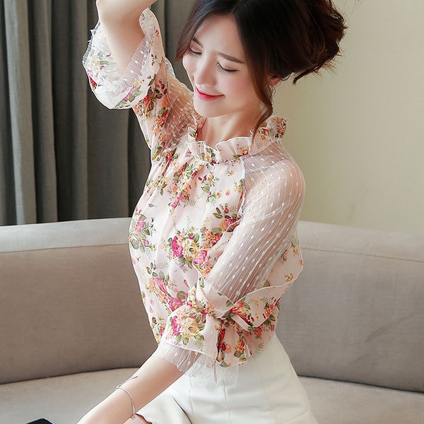 Áo chiffon Tay Ngắn Phối Ren In Họa Tiết Hoa Phong Cách Phương Tây Thời Trang Mùa Hè Hàng Mới Dành Cho Bạn Nữ