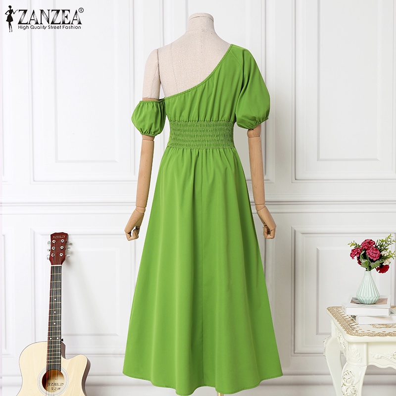 Đầm ZANZEA dáng chữ A hở vai tay ngắn eo cao đàn hồi phong cách Châu Âu thời trang dành cho nữ