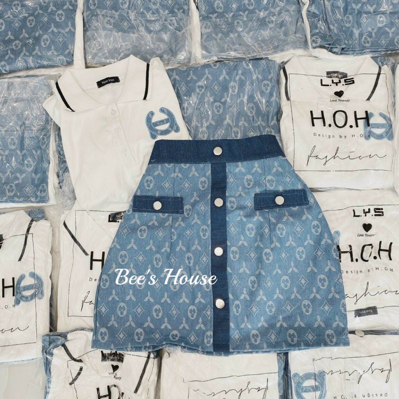 SET ÁO PULL TRẮNG + CHÂN VÁY JEAN PHỐI NÚT
