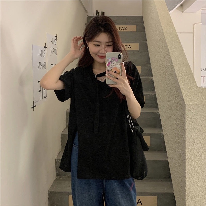 Áo Thun Tay Ngắn Màu Trơn Xẻ Tà Dễ Phối Đồ Thời Trang Mùa Hè Cho Nữ