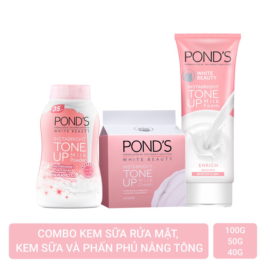 Combo dưỡng trắng nâng tông Pond's White Beauty (kem sữa rửa mặt 100g, phấn phủ 40g và kem sữa 50g)