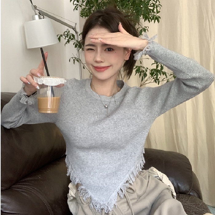 Áo ZHELIHANGFEI dệt kim tay dài dáng ngắn phối tua rua thiết kế lệch tà cá tính cho nữ