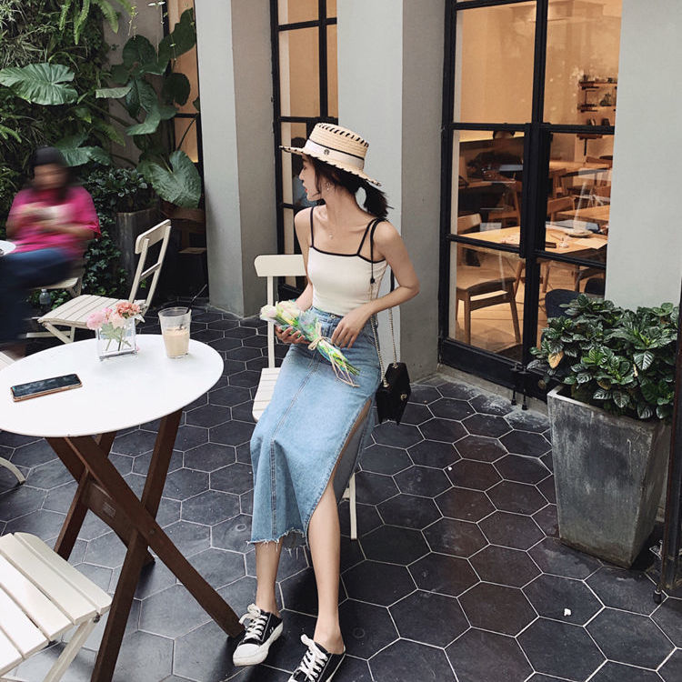 Chân váy jeans lưng cao thời trang sành điệu cho nữ