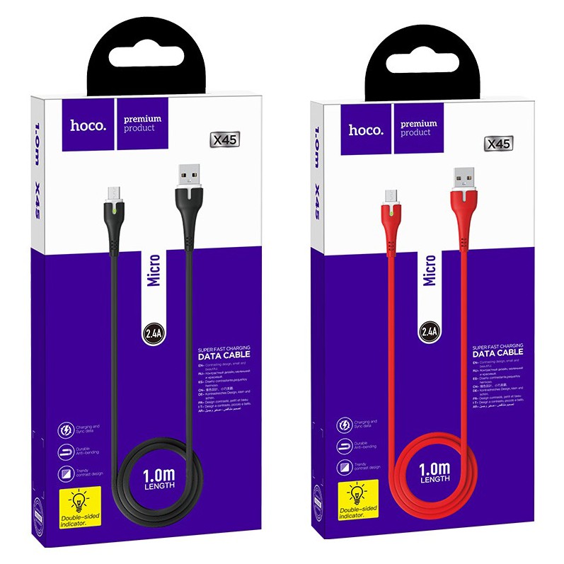 Dây Cáp sạc iPhone Lightning/ Micro /TypeC X45 2.4A có đèn LED