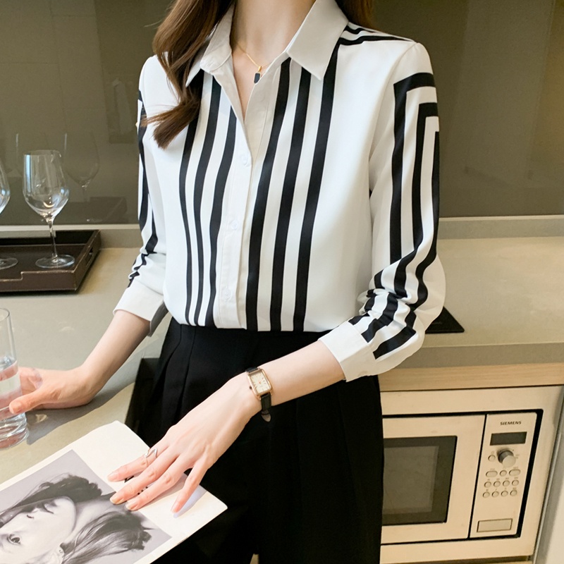Áo Sơ Mi Chiffon Dài Tay Họa Tiết Kẻ Sọc Thời Trang