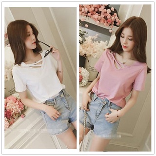 Áo thun mùa hè tay lửng cổ chữ v màu trơn phong cách hàn quốc cho nữ t2021