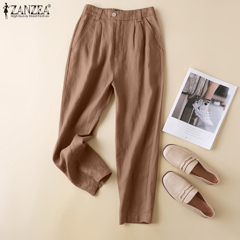 Quần dài ZANZEA lưng thun màu trơn có túi thời trang cho nữ
