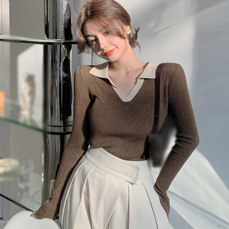 Áo dệt kim tay dài màu sắc đơn giản phong cách Hàn Quốc thời trang cho nữ