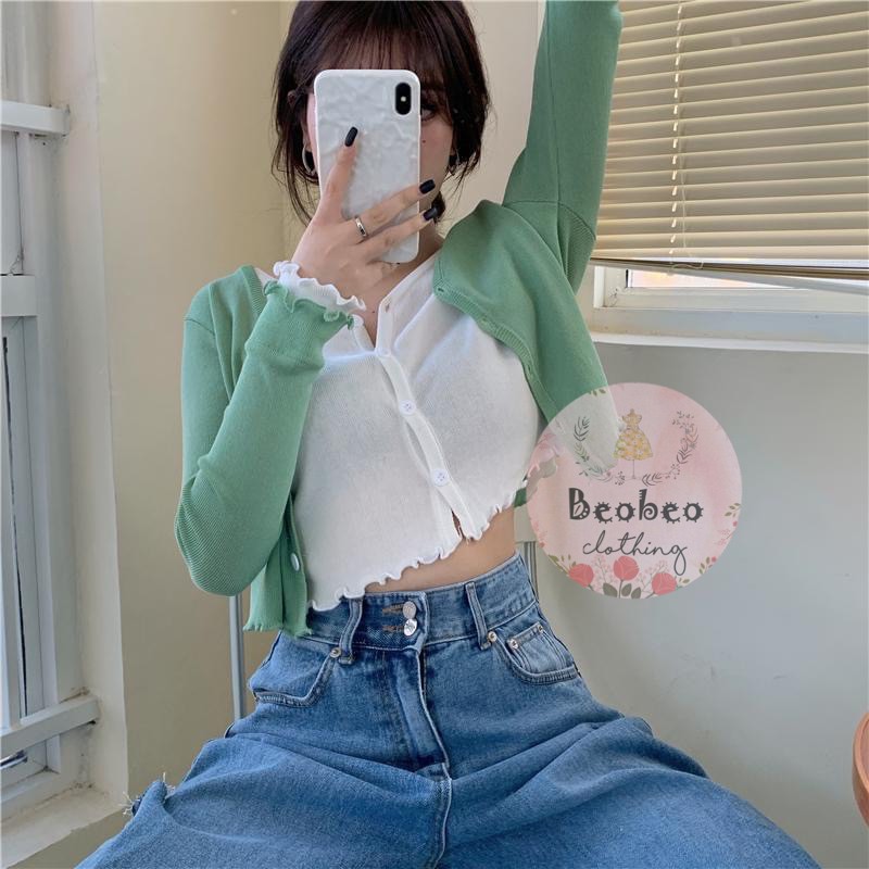 Set áo croptop tay dài phối nút 5 màu ulzzang