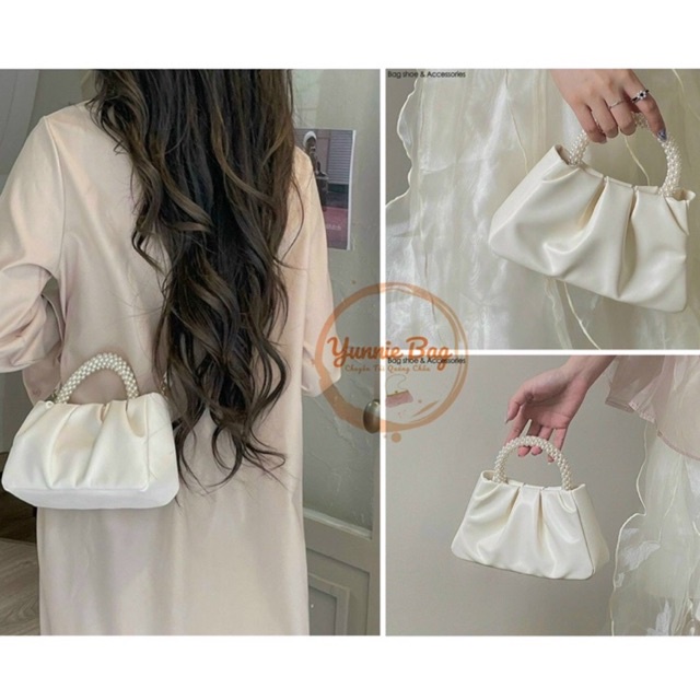 (Clip ảnh thật) Túi quai xách đính ngọc tiểu thư sang trọng