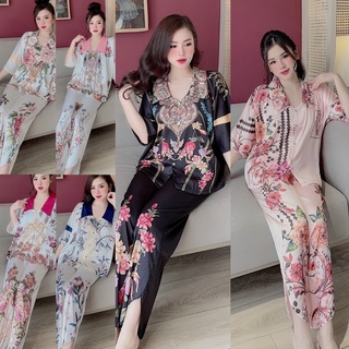 [Siêu phẩm] Đồ bộ mặc nhà Pijama Lụa Latin tay ngắn quần dài sang trọng - hoạ tiết hoa dây - BẦU BÌ SAU SINH mặc được