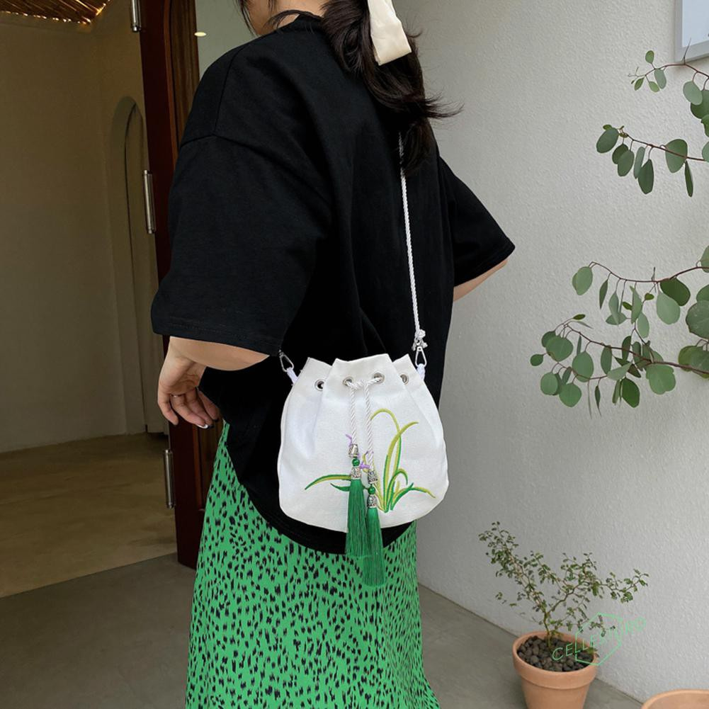「CS」 Fashion Women Canvas Plant Embroidery Shoulder Bag Casual Tassel Handbag