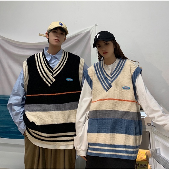 áo sweater nam form rộng cổ chữ V màu năng động thời trang unisex áo vest áo len nam hàn quốc