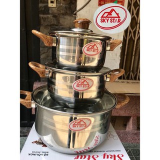 Bộ 3 nồi inox _nắp kiếng 1 đáy Sử dụng được trên bếp từ