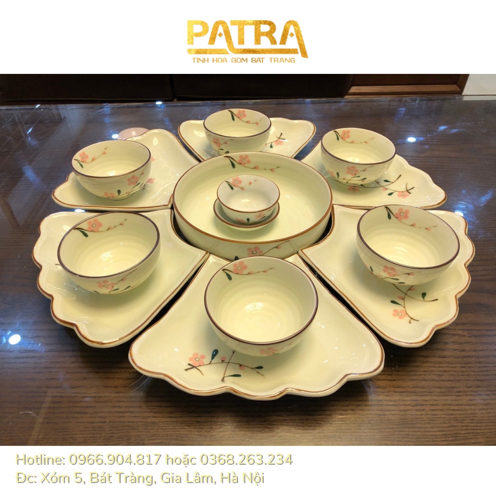 bộ bát đĩa hoa mặt trời, bát đĩa sứ men kem Bát Tràng họa tiết hoa đào thờ cúng gia tiên