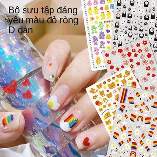 Dán móng tay trong cuốn sách nhỏ màu đỏ nổ Hua Ya Feng cầu vồng gấu dễ thương Nụ cười phim hoạt hình tươi móng decal