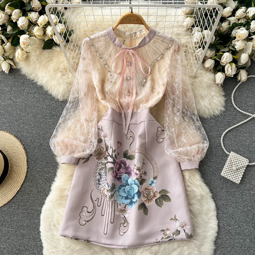 Đầm tay dài cổ sơ mi thắt nơ thêu hoa ren có size siêu xinh