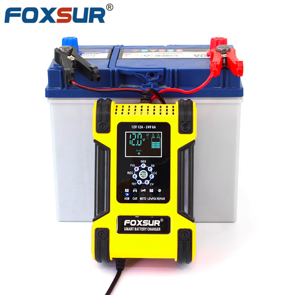 Sạc bình ắc quy 12A FOXSUR 12V 24V 6Ah - 200Ah sạc pin sắt LiFePO4 tự ngắt khi đầy khử sunfat khôi phục ắc quy