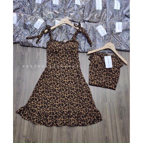 Đầm thun da báo hai dây, đầm thun ôm eo da báo