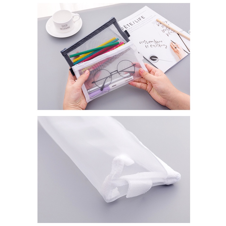 Túi đựng bút lưới xuyên thấu 2 màu trắng đen, đơn giản, sang trọng