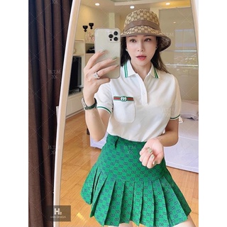 Set áo polo + chân váy xanh