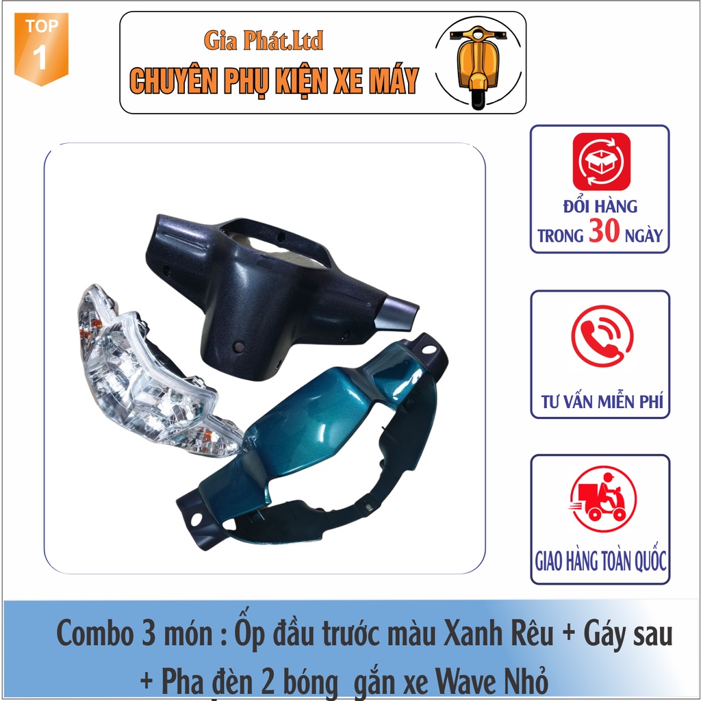 Combo ốp đầu trước XANH NHỚT gắn xe Wave Thái, ZX, Wave 110 đời 1997-2006 đủ ốp đầu, gáy, pha đèn, xi nhan