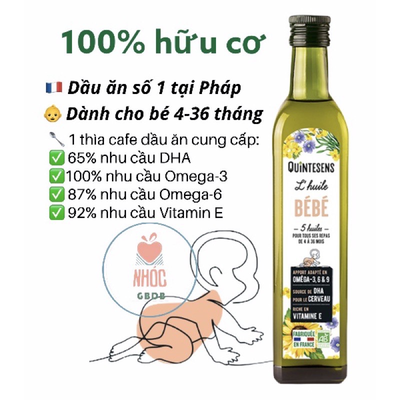 Dầu ăn dặm hữu cơ Quintesens cho bé 4m+ chai 250ml (Pháp)