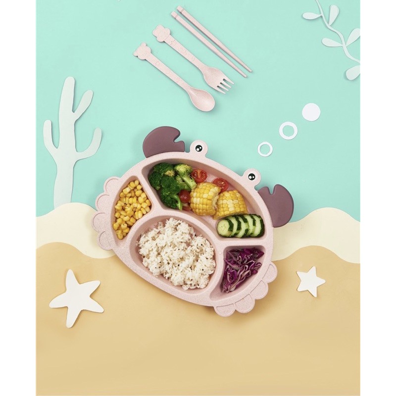 Khay Ăn Dặm Lúa Mạch Kiểu Cho Bé Tặng Kèm Thìa Dĩa, Dĩa Ăn Dặm Hình Thú Dễ Thương