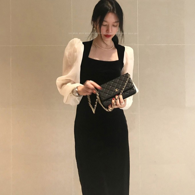 Váy Xiaozhainv cổ vuông tay dài phong cách Hàn Quốc thanh lịch cho nữ | BigBuy360 - bigbuy360.vn