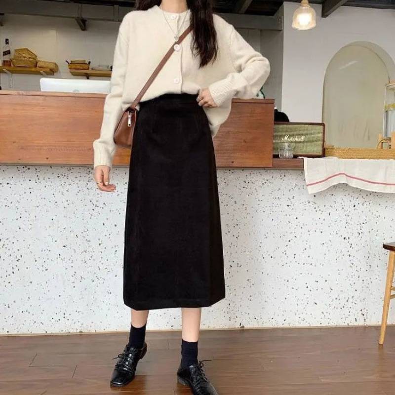Chân váy Midi dáng dài Lưng cao Xẻ sau_Chân váy Dáng chữ A Ulzzang Hàn Quốc 809 | BigBuy360 - bigbuy360.vn
