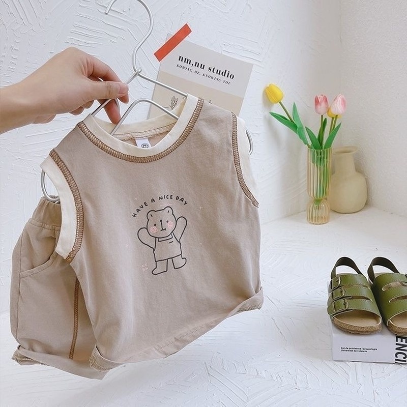 Set đồ mùa hè 2 món gồm áo ba lỗ cotton nguyên chất in họa tiết hoạt hình + quần ngắn mỏng thời trang cho bé trai