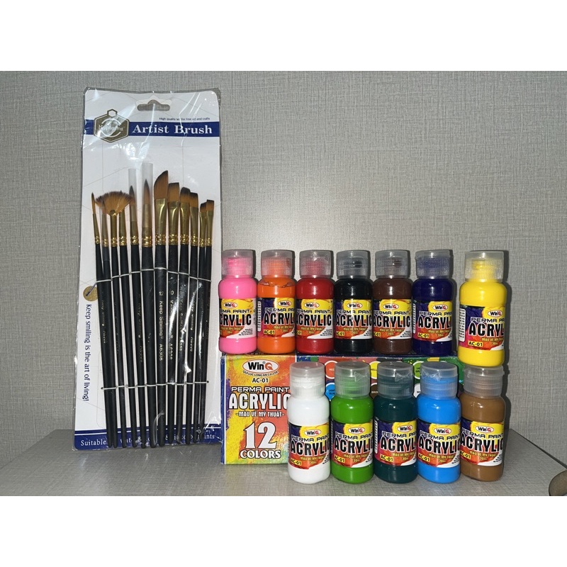 Combo Hộp Màu vẽ Acrylic AC-01 12 màu & Bộ cọ 12 cây. Màu vẽ lên nhiều bề mặt Giấy, gỗ,... khi khô ko tan trong nước