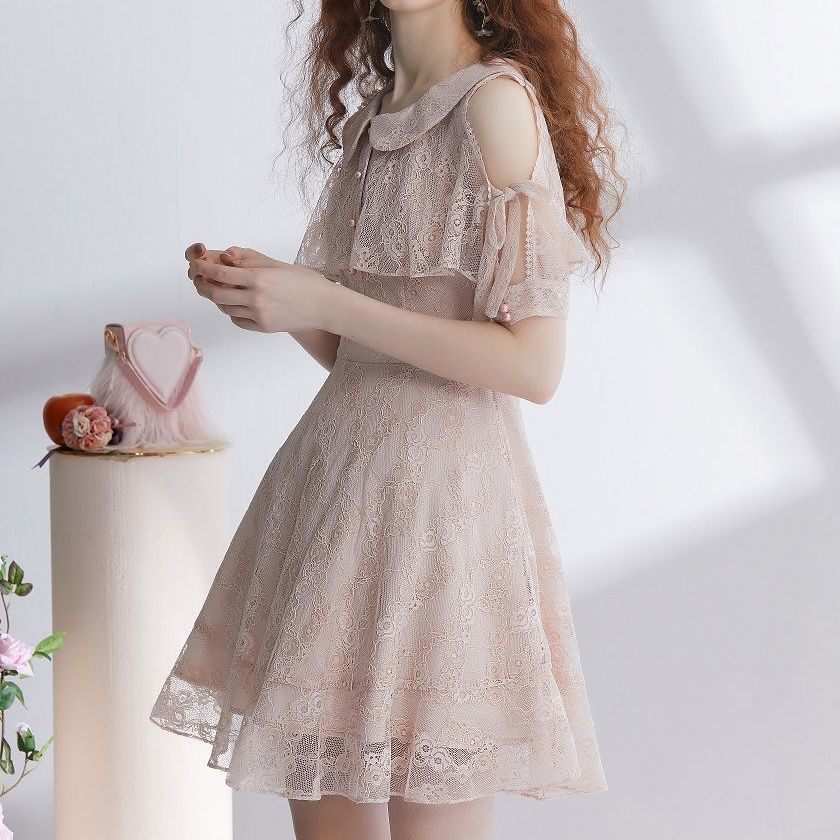 Alice2021Summer New Peter Pan Collar Slimming and Shoulder Hollow Lace Dress for Women Fitted Waist Sweet Princess Skirt | BigBuy360 - bigbuy360.vn