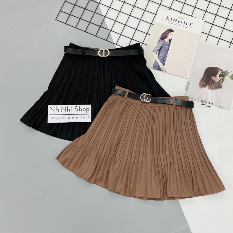 Xả hàng - Chân váy xếp ly nhỏ kèm đai có quần trong, Chân váy xòe cạp cao CV7501 - NhiNhi Shop