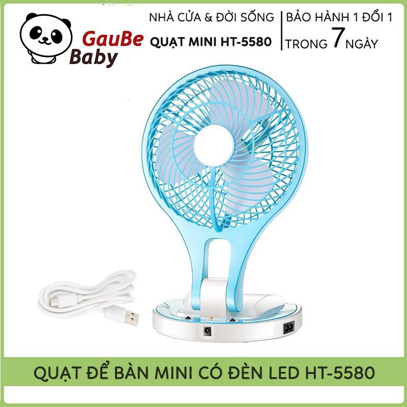 🌦️Bảo Hành 3 Tháng🌦️ Quạt Mini Để Bàn Sạc Tích Điện Kèm Đèn Led Học Fan HT-5580, Mẫu Mới Nhất 2021