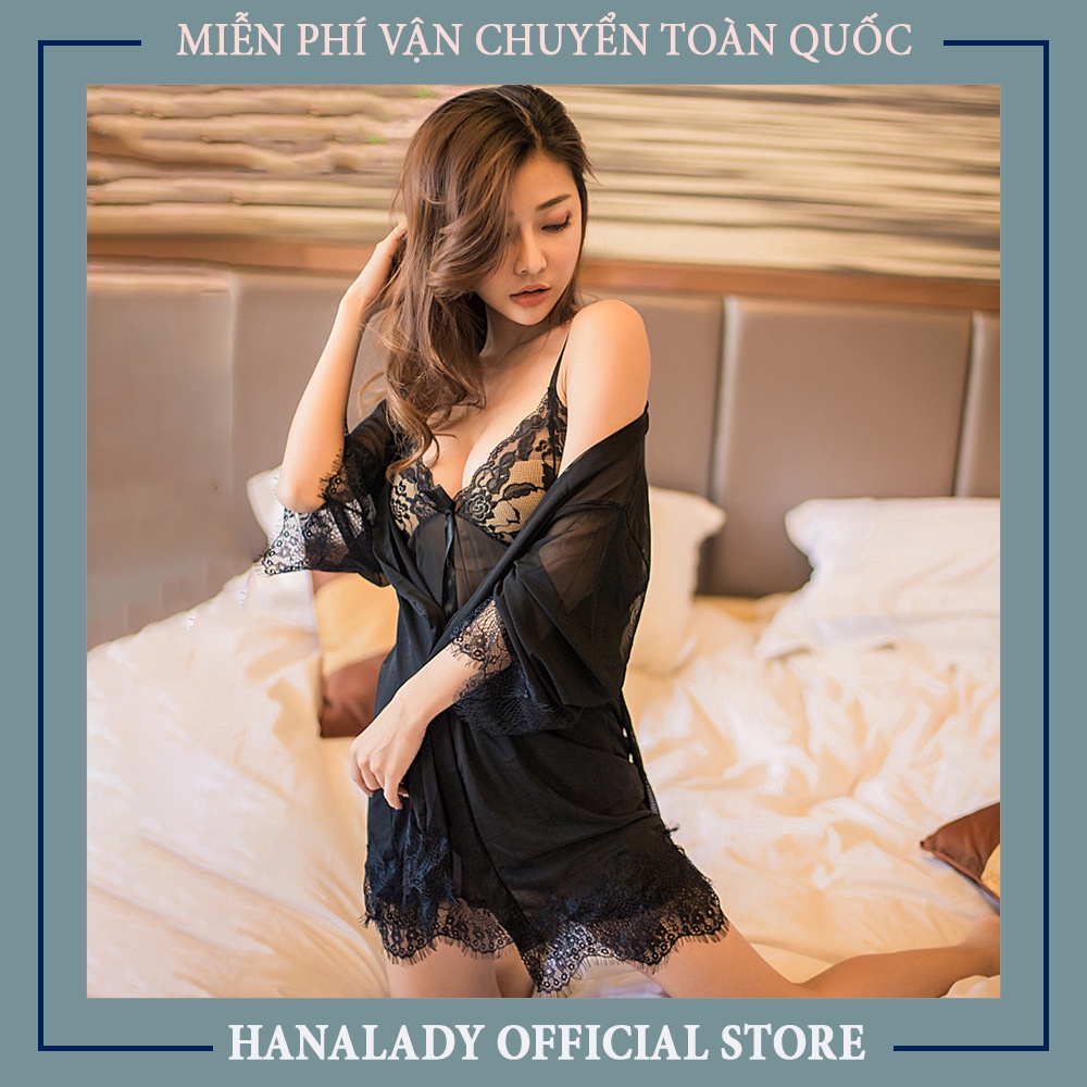 Váy ngủ xuyên thấu sexy kèm chíp lọt khe choàng xuyên thấu đầm ngủ quyến rũ gợi cảm màu đen HanaLadyStore V017