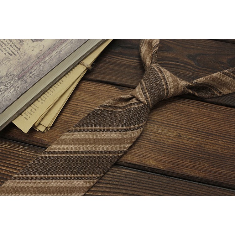 Cà Vạt Cotton Lanh 7cm Kẻ Sọc Vàng Kiểu Retro Anh Cá Tính Cho Nam