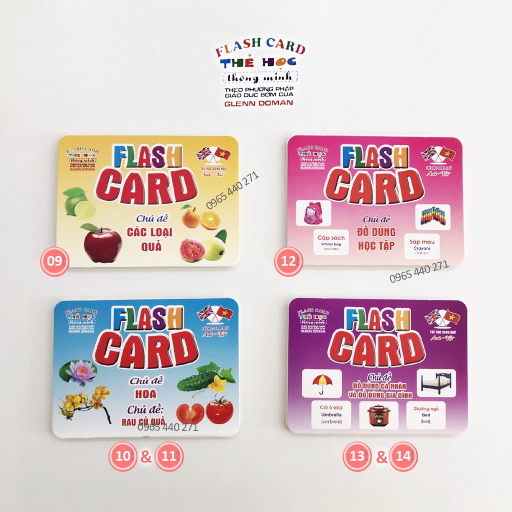 Bộ Thẻ Học Thông Minh 18 Chủ Đề loại to song ngữ tiếng Anh loại chuẩn Glenn Doman Flashcard cho bé từ 0-6 tuổi nhận biết