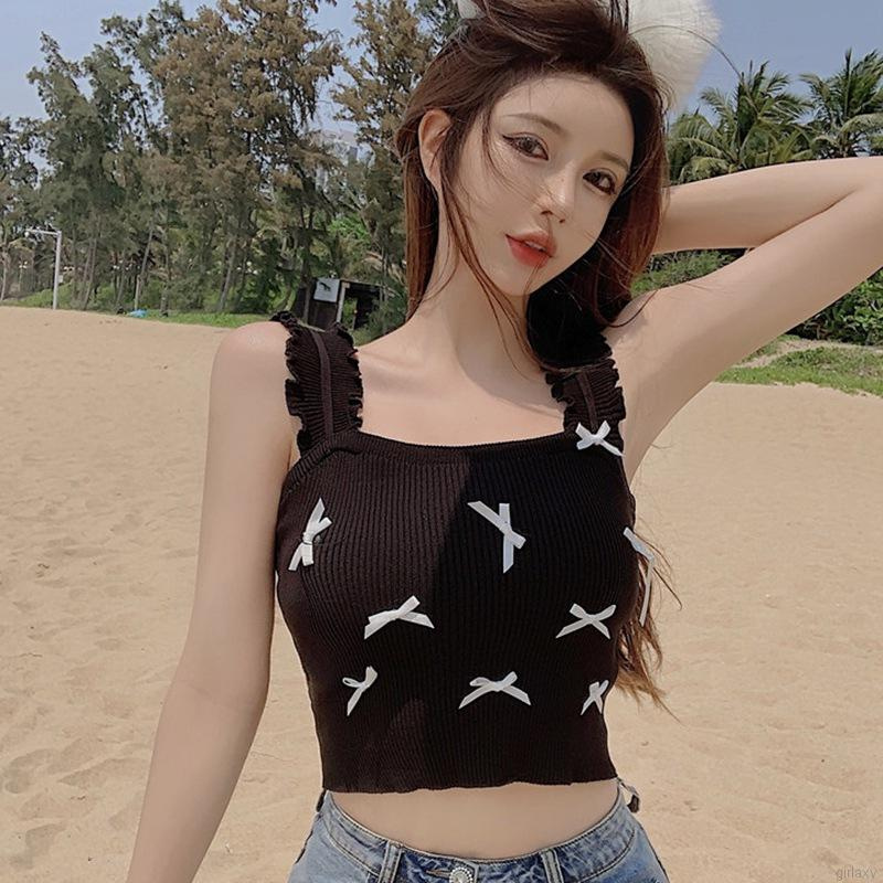 Áo Croptop Dệt Kim Hai Dây Đính Nơ Phong Cách Retro Hàn Quốc Dễ Thương