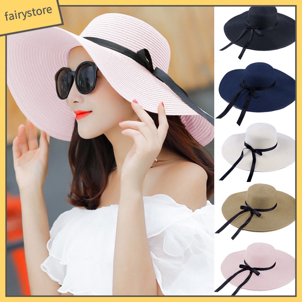 Nón Cói Rộng Vành Phối Ruy Băng Thắt Nơ Có Thể Gập Lại Thời Trang Mùa Hè Cho Nữ