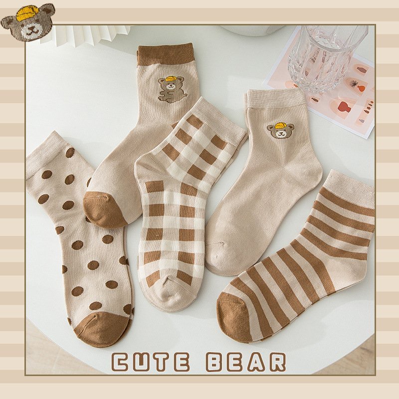 Tất cao cổ in hình gấu nâu cute nữ Vemico vớ cotton co dãn phong cách Hàn Quốc TN139