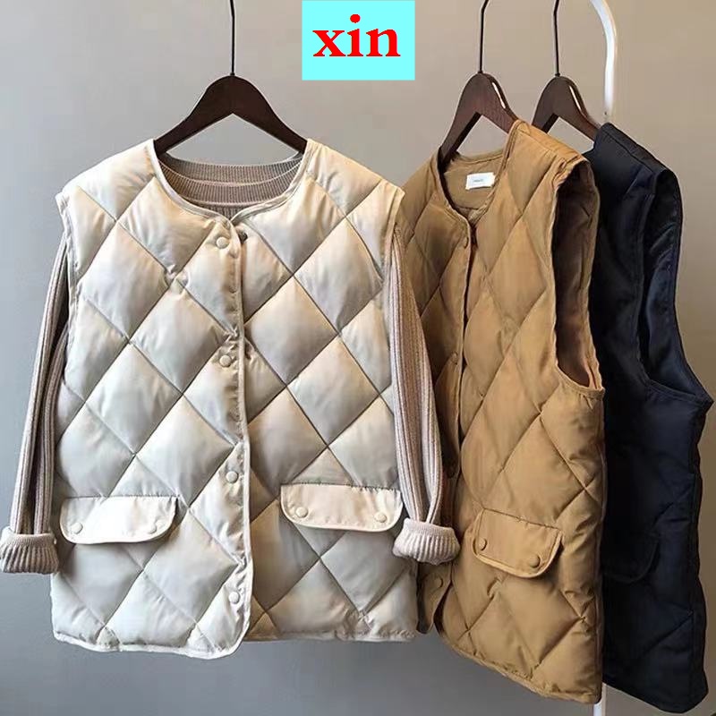 Áo khoác phao sát nách dáng rộng vải cotton đính đá kiểu Hàn Quốc thời trang xuân thu cho nữ