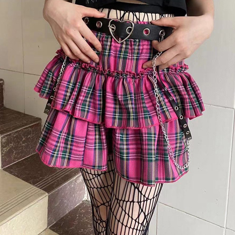 Brroa Chân Váy Xếp Ly Dáng Chữ A Lưng Cao Xếp Ly Viền Bèo Nhún Họa Tiết Kẻ Sọc Phong Cách Gothic Punk Gothic Punk Cho Nữ