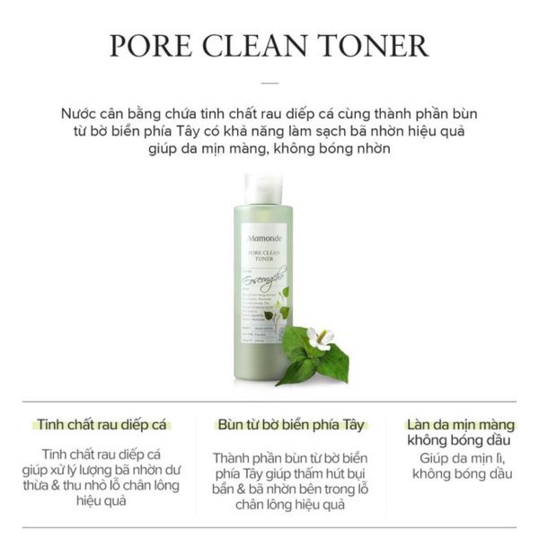 Nước Hoa Hồng diếp cá Ngừa Mụn, Thu Nhỏ Lỗ Chân Lông Mamonde Pore Clean Toner 250ml