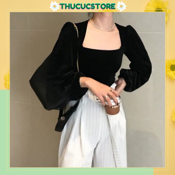 Áo nhung cổ vuông nữ tay phồng phong cách tiểu thơ Hàn Quốc