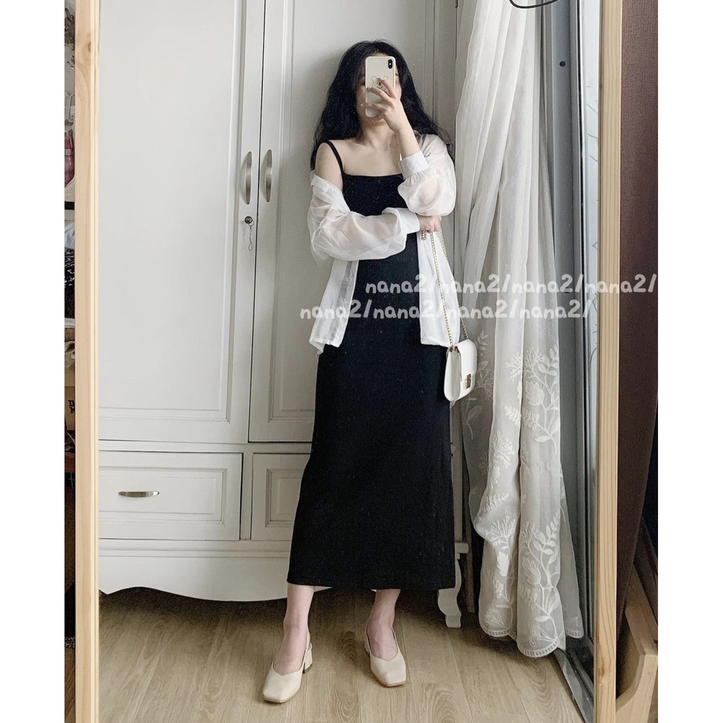 Váy 2s Thun Trơn Basic Nữ 🎁 Nana's House - FREESHIP 🎁 Đầm midi hai dây suông dáng dài màu đen vintage