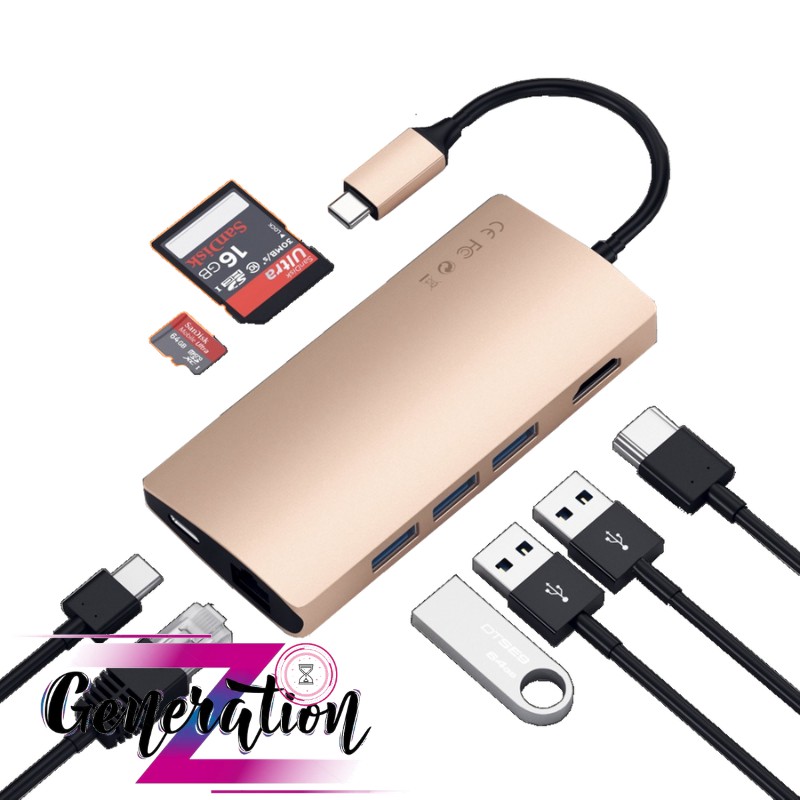 BỘ CHUYỂN USB TYPE-C RA 3 PORT USB 3.0+ 1USB C+1 HDMI+1 PORT RJ45 (1000) + 2 ĐỌC THẺ (8.1)