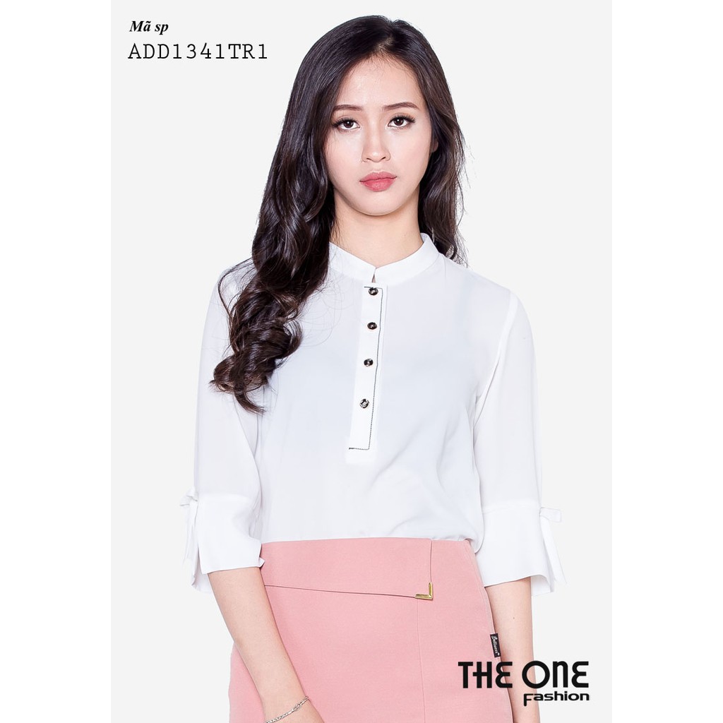 Áo sơ mi tay lỡ chéo trắng cổ tàu gấu tay xẻ đính nơ The One Fashion ADD1341TR1